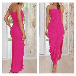 Sexy Off Shoulder Mesh Tassel Ruffle Side Split Tube Party Maxi Dress